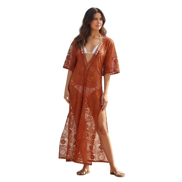 Chelsea28 Brown Orange Boho Lace Cover-Up Maxi Dress  NWT - Size M - Picture 1 of 6